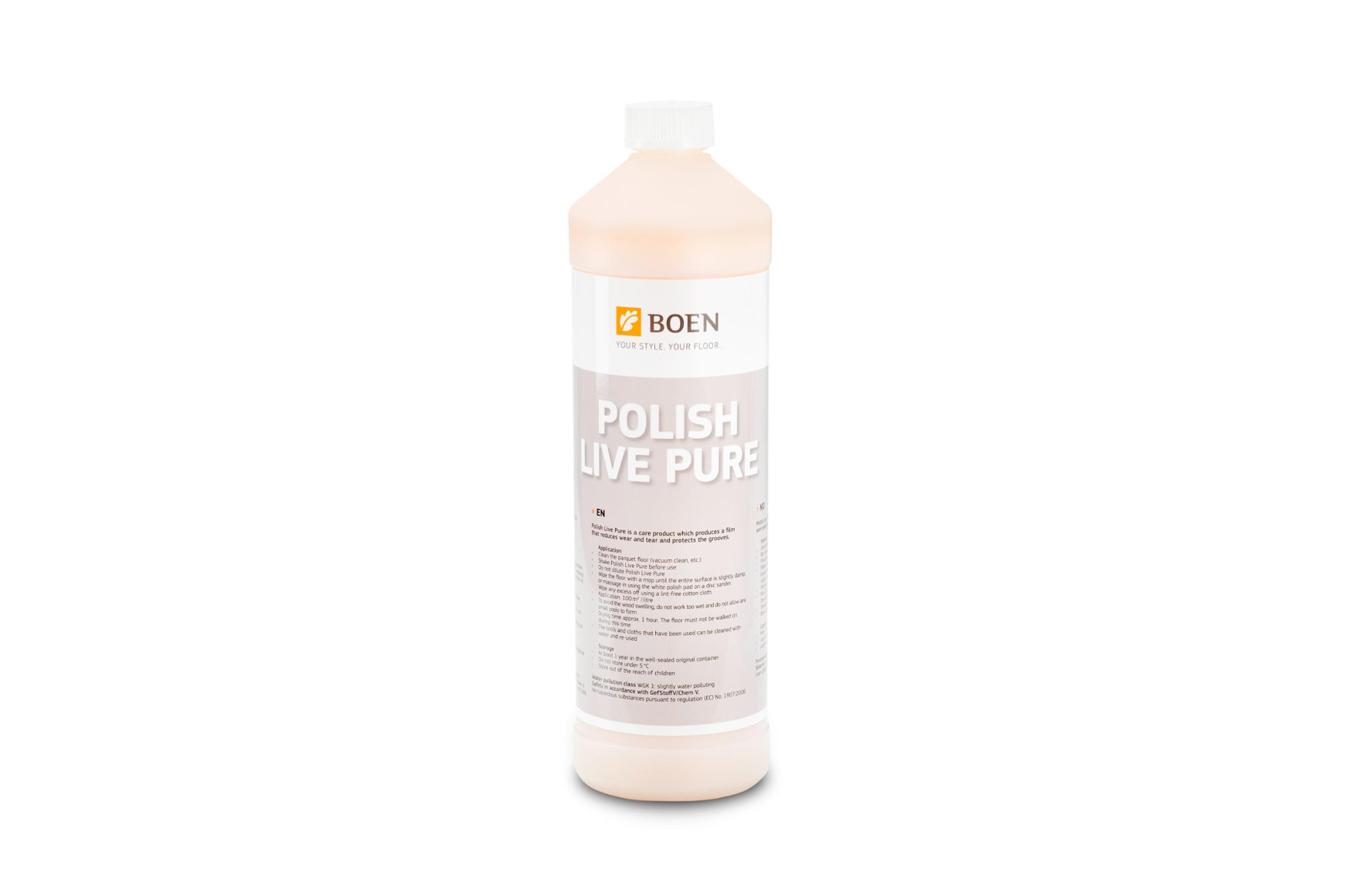 BOEN Polish Live Pure 1l

Eco-friendly care product, water resistant.
Usage ca. 1 litre for 30-50m²